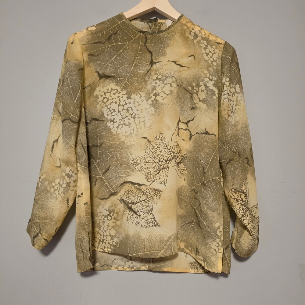 ARA Leaf Print Long Sleeve Blouse Earth Tone Green Tan Size 16 Large